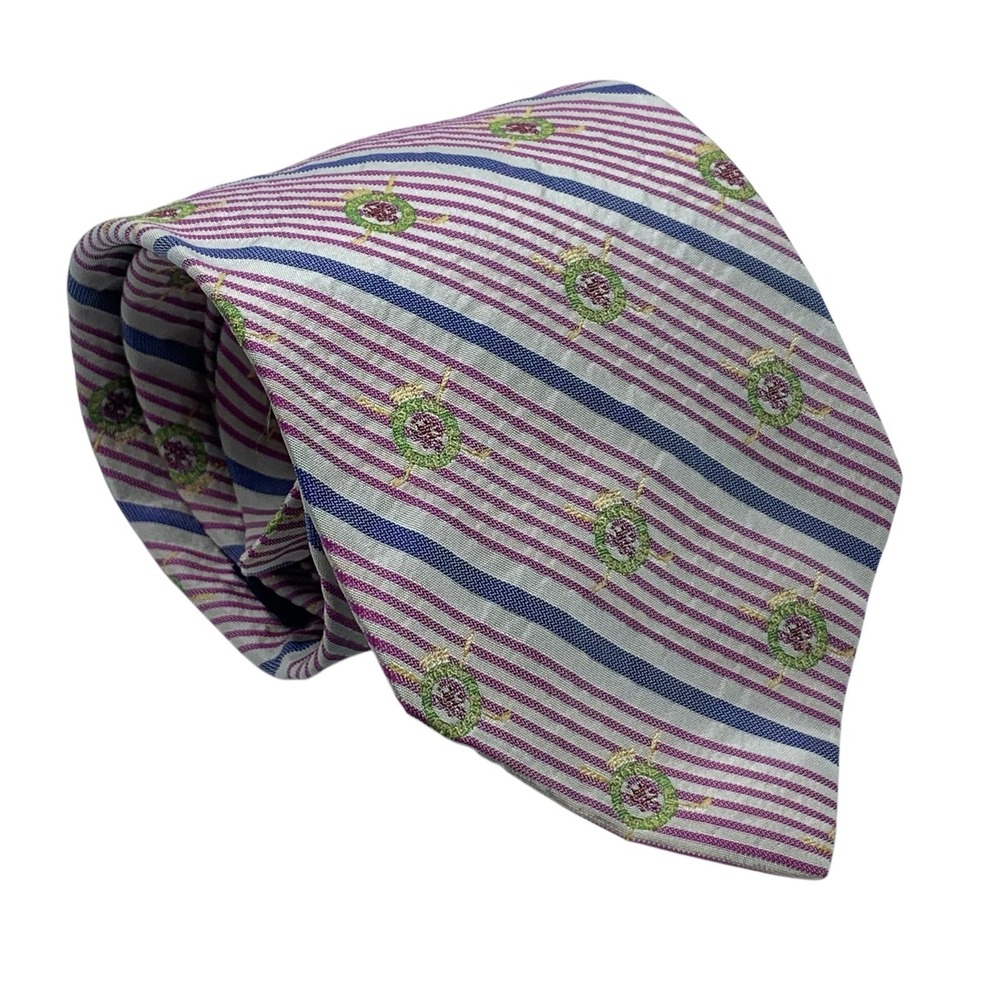 Tommy Hilfiger Men's Silk Necktie Purple Blue White Striped Emblem Tie